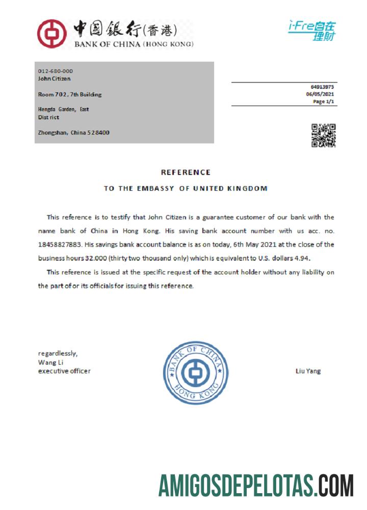 Referência do Banco da China de Hong Kong amostra